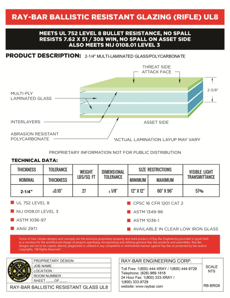 Ray-Bar ballistic resistant glazing UL8 data sheet showing multi-laminated glass and polycarbonate construction, bullet resistance levels, thickness, weight, size restrictions, and certifications.